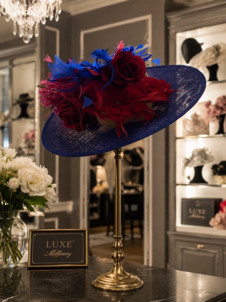 Elegant Blue And Red Fascinator/Kentucky Derby Hat